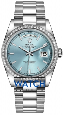 Buy this new Rolex Day-Date 36mm Platinum Diamond Bezel 118346 Ice Blue Index President midsize watch for the discount price of £57,609.00. UK Retailer.